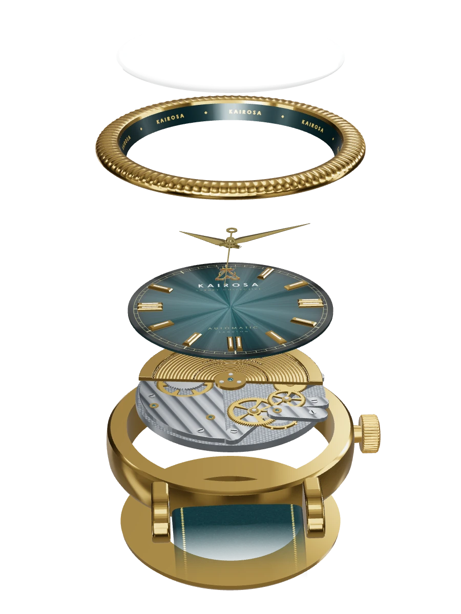 The watch taken apart into its seven layers